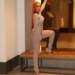 Woman 2pcs Knitted Suit Solid Color Long Sleeve O Neck Casual T-shirt+Pencil Pant Tracksuit S