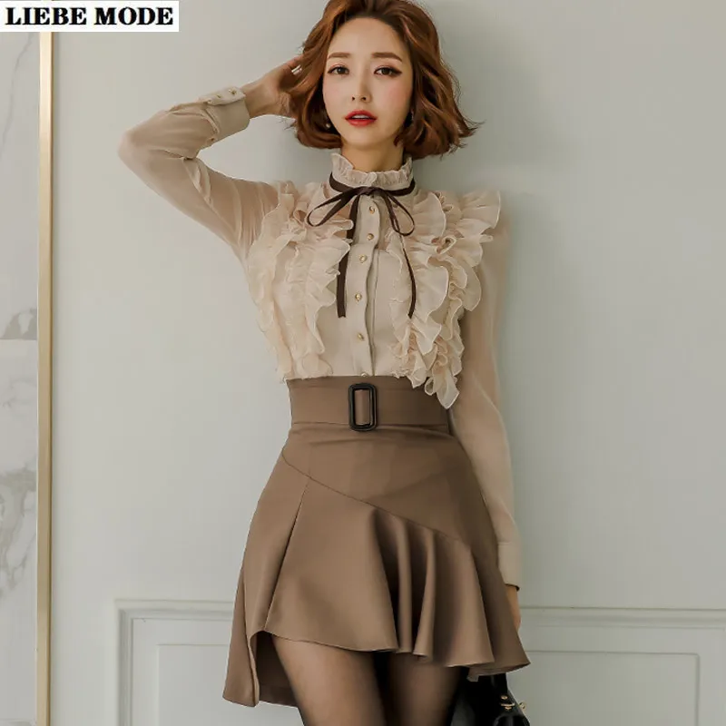 

OL 2 Piece Sets Long Sleeve Mock Neck Ruffled Shirt Blouse and Irregular Short Skirt Elegant Two Piece Sets Womens Sexy Outifits