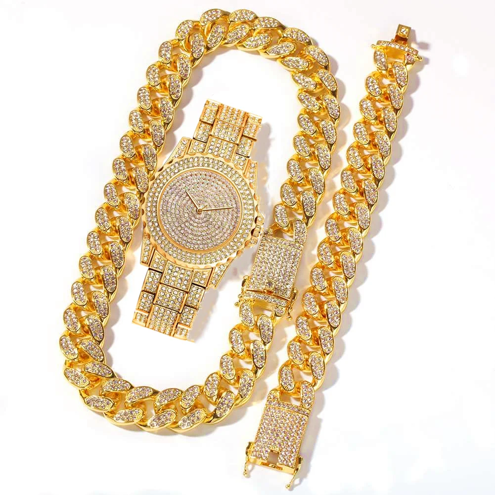 3PCS Mens Women Watches Jewelry Set Iced Out Watch Necklace Bracelet Bling Diamond Miama Cuban Link Chain Choker Gold Watch Man