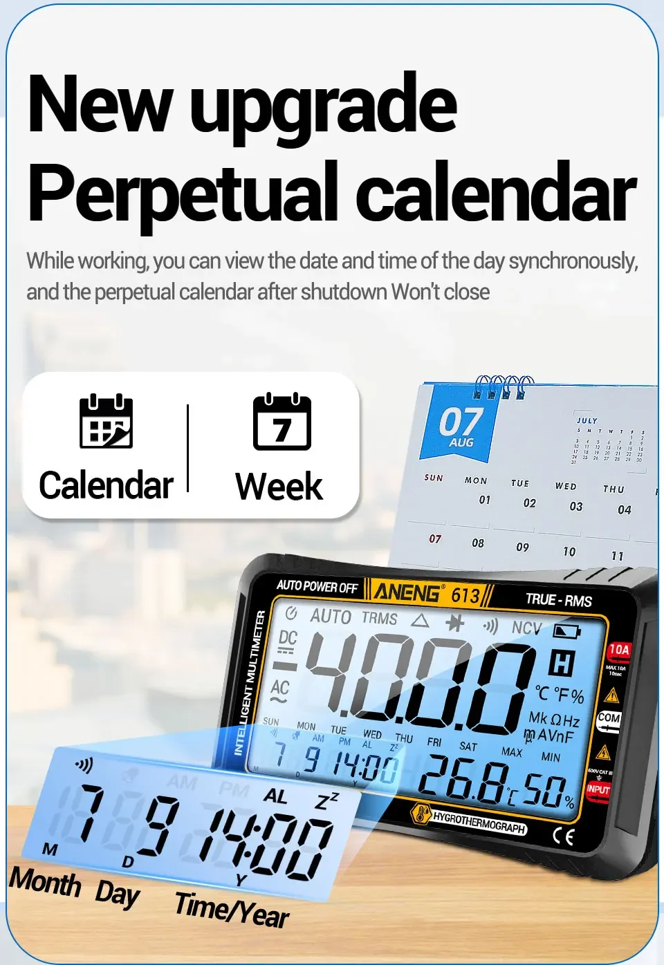 Description Picture 5 of itemANENG 613 Smart Multimeters 4000 Counts 10A Current 600V Voltmeter Test DC/AC Voltage Capacitor Tester Alarm Clock Set Tools