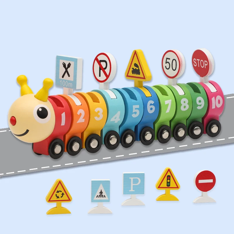 

Деревянный поезд, детская игрушка, поезд, модель с колесом, цифровой осведомленный дизайн, Caterpillar Design и дорожный знак, детский поезд