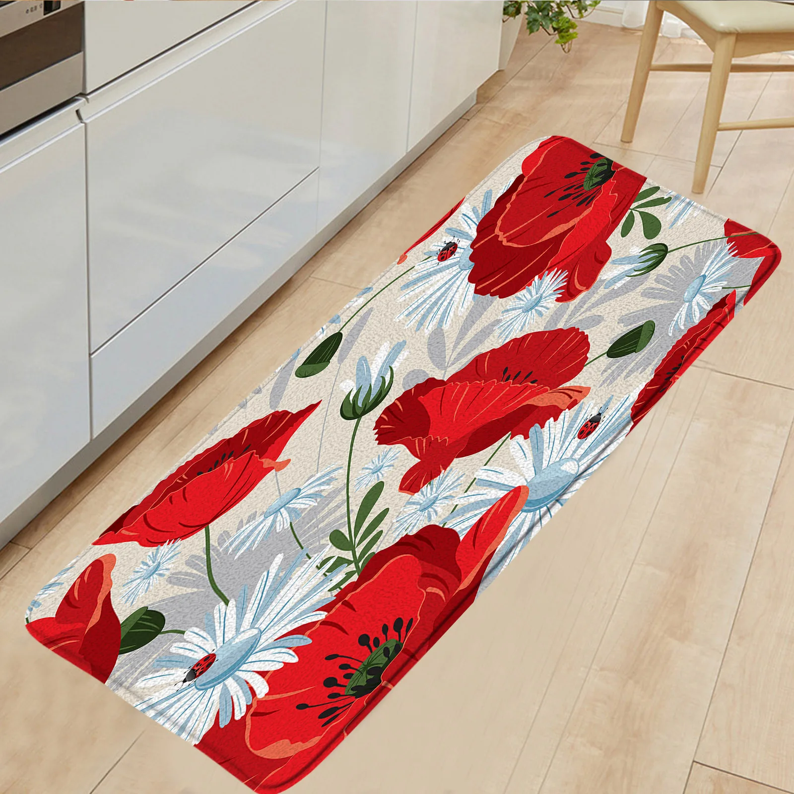 

Floral Kitchen Bath Mats Red Poppy White Daisy Ladybug Flannel Anti-slip Home Decor Floor Rugs Long Carpet Doormats Washable