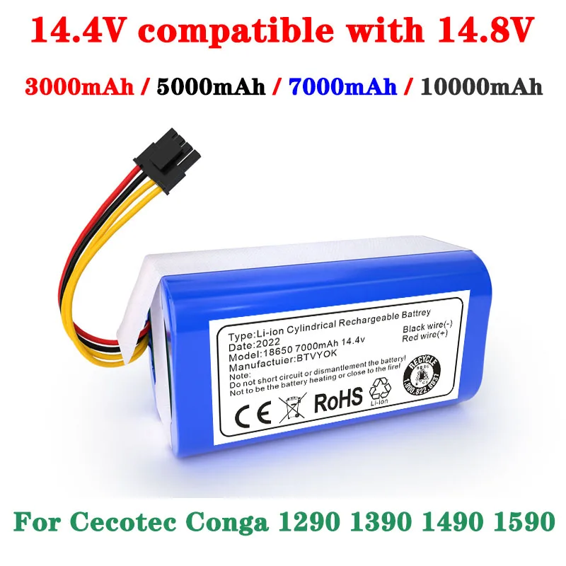 

New 14.4v 7000mAh Lithium-ion Battery for Cecotec Conga 1290 1390 1490 1590 Replacement Robot Vacuum Cleaner Battery