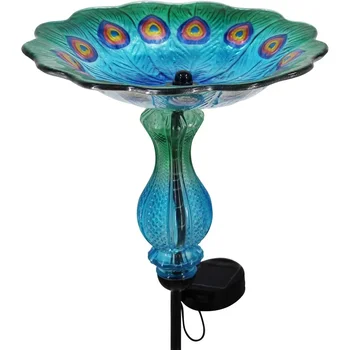 Peacock Bird Bath for Outdoor - Glass Bowl Solar Light Bird Baths Cage Outside Dish Bird Feeder with Metal Stake f 1