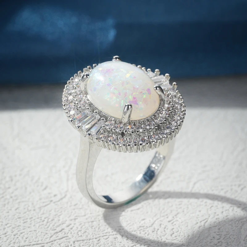 Classic Silver Color Romantic CZ Big Oval Resin Rings for