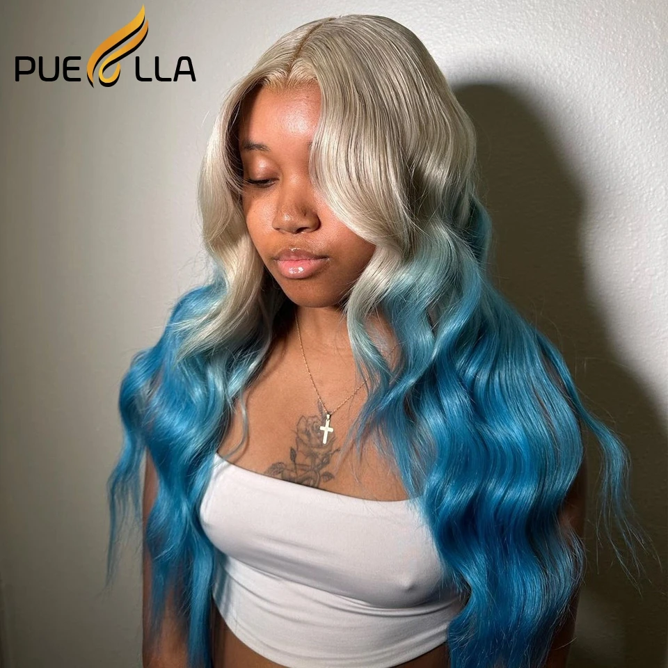 

Ombre Platinum Blue Human Hair Wigs Glueless 5x5 HD Lace Closure Wig Preplucked 13x4 Body Wave Lace Front Wig Natural Hairline