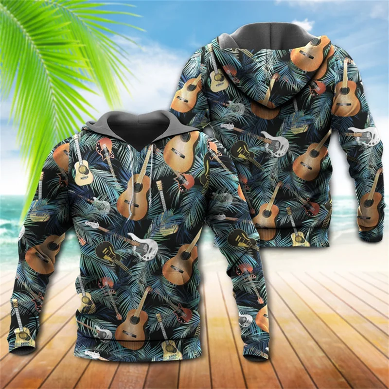 Sudadera con capucha con estampado 3D de bajo y guitarra para hombre, sudadera con estampado de instrumentos musicales vintage, sudadera informal, sudaderas con capucha de calle de manga larga