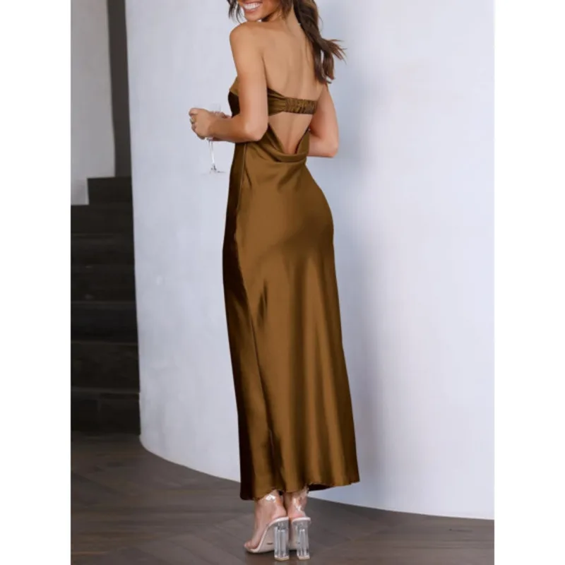 Trendio Women's Satin Sexy Open Back Hollow Formal Wedding Party Long Dress Prom Banquet Elegant Dresses Sexy Slim Noble Dress