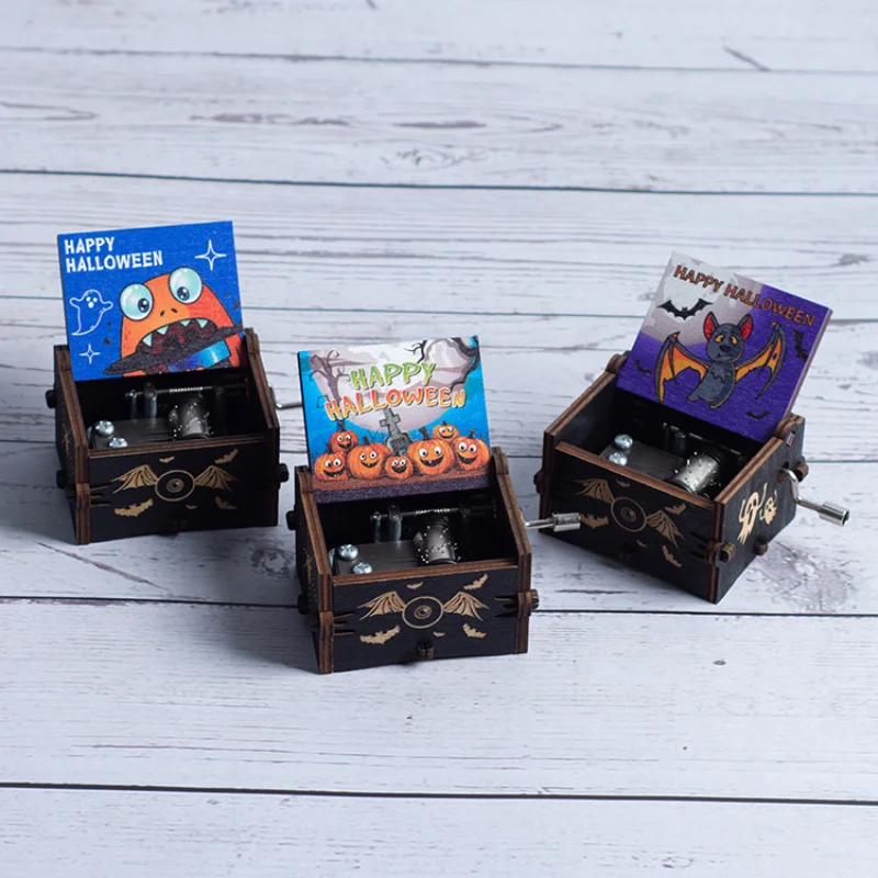 Halloween Wooden Hand-cranked Music Box, Horror Night Painted Music Box, Wooden Pumpkin Ornament, Ghost Festival Gift, Music Box 2