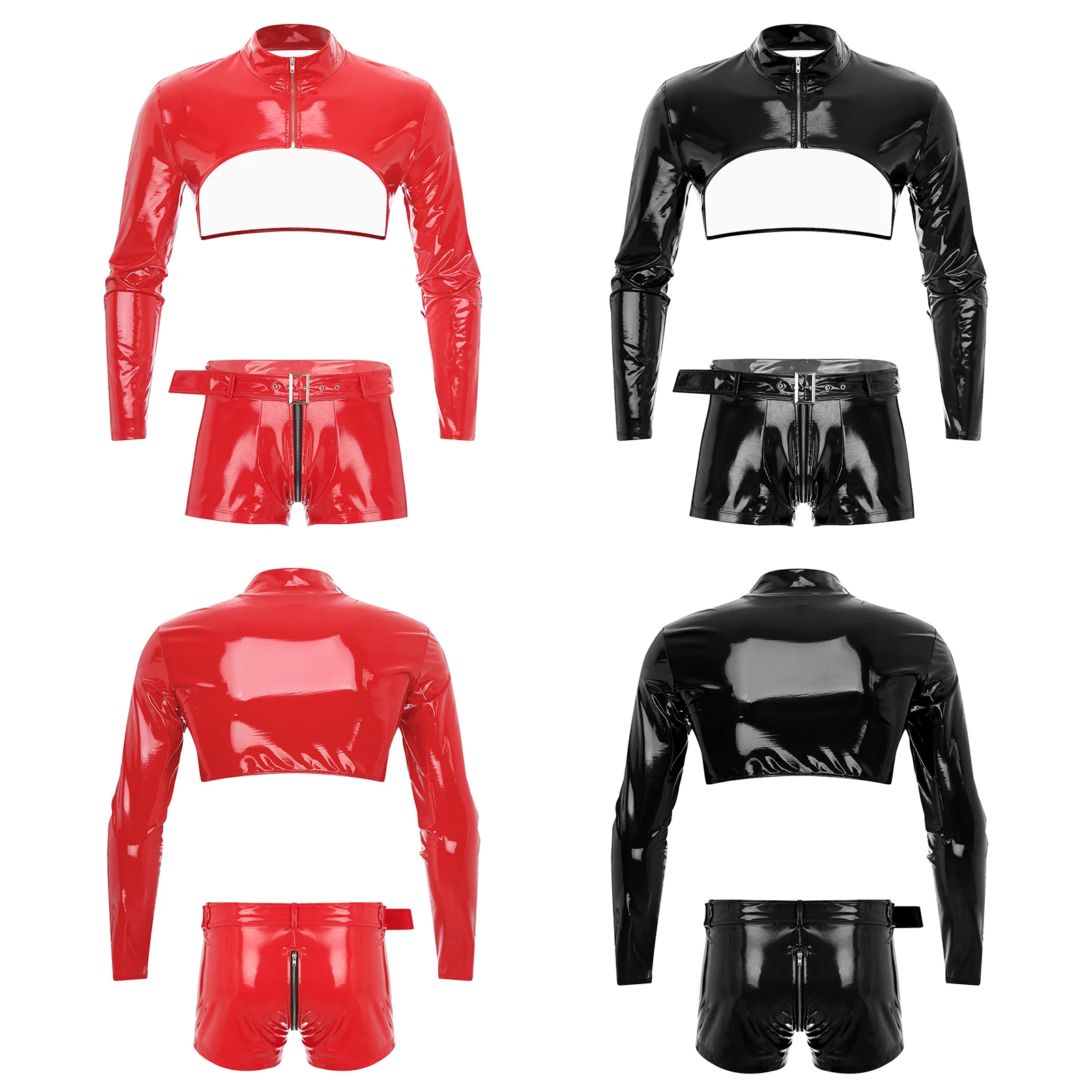 Men Glossy Patent Leather Costume Wetlook Outfit Long Sleeve Zipper Crop Top And Zip Crotch Boxer Shorts Set Clubwear Nightwear 3