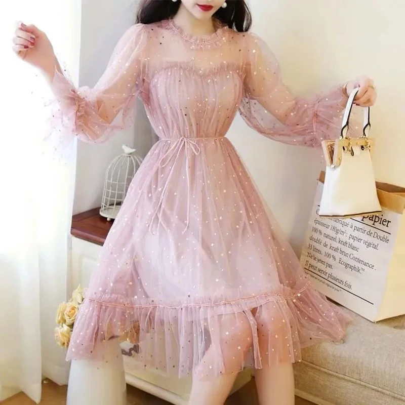 

Cute Kawaii Dress Princess Fairy Lace Mesh Dresses Pentagram Decorate Summer Women Temperament Long Sleeve High Waist Dress