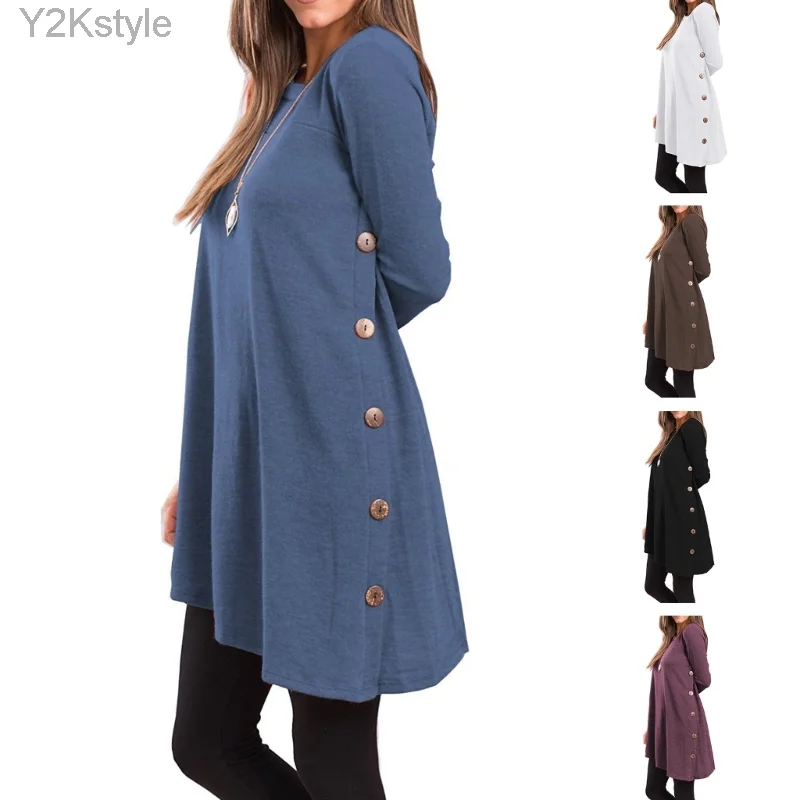 

2023 Womens Long Sleeve Button Side Tunic Shirt Dress Winter Autumn Loose Dresses