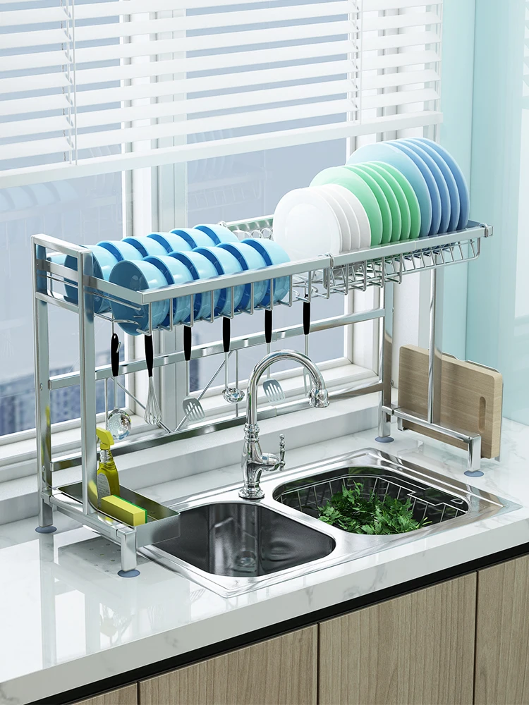 

Telescopic stainless steel kitchen rack dish storage and washing basin drain rack above single sink