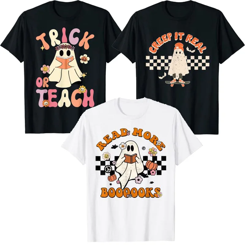 

Groovy Halloween Trick or Teach Retro Floral Ghost Teacher T-Shirt Ghost Creep It Real Vintage Tee Cute Boo Read More Books Tops