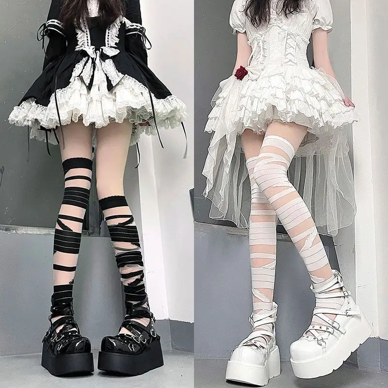 Women Sexy Bandage Silk Thigh Knee Socks Cross Strap Transparent White Black Stocks Gothic Punk Lolita Long Socks Girls Hosiery