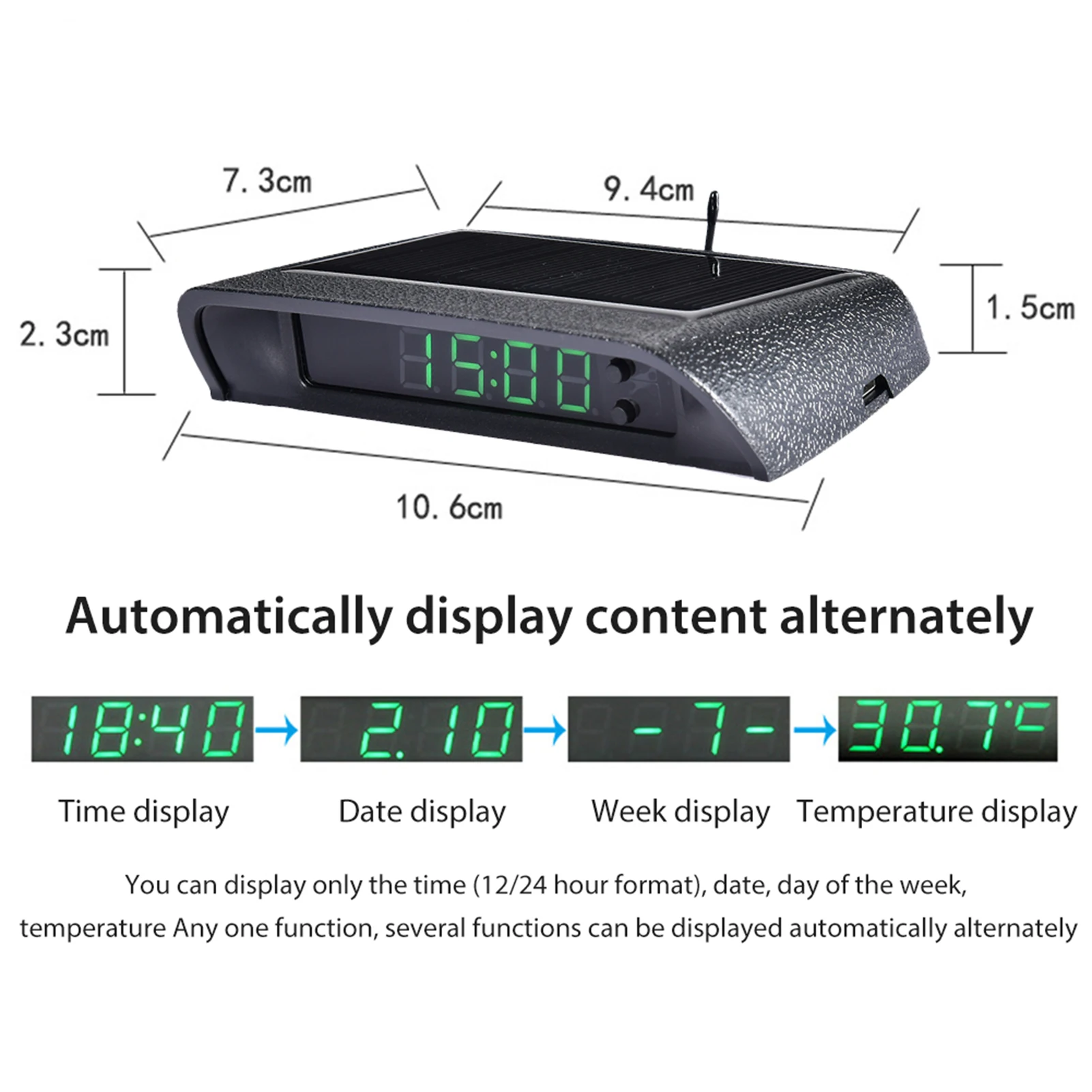Car Clock Auto Internal Stick-On Digital Solar Powered 24-Hour Car Clock