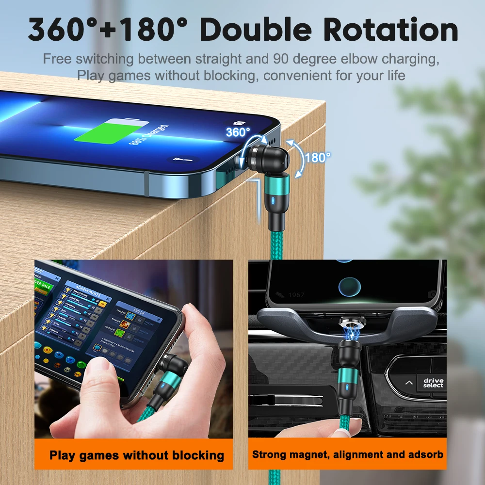 AUFU Magnetic 3M Charging Cable, 540° Rotating Magnetic Charger with Micro USB and Type C Connectors
