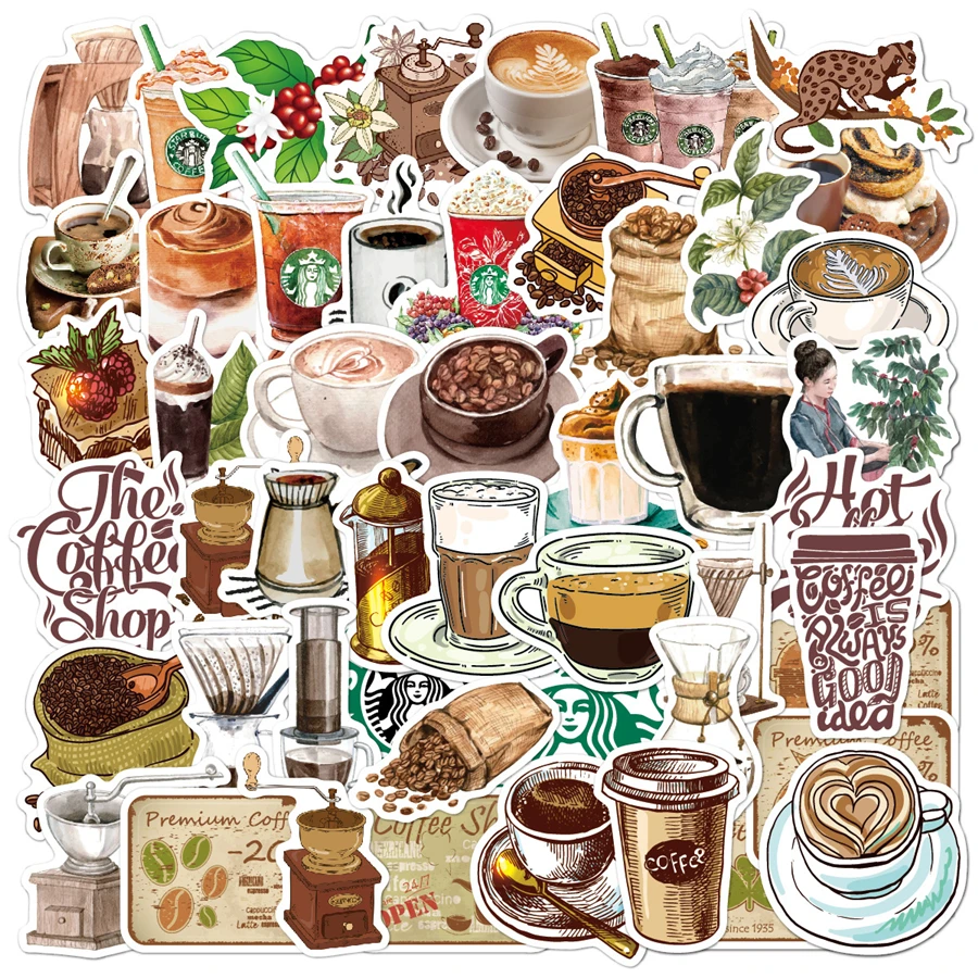 Coffee Stickers 50 Pcs Cute Vinyl Decal Waterproof Stickers for Adult Teens Diy Water bottle Laptop Guitar Fridge Phone Notebook