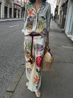 Bohemia Satin Print Loose Two Piece Sets Women Causal Long Sleeve Shirts+Long Wide Leg Pants Female Beach Summer Outfits - Image 4