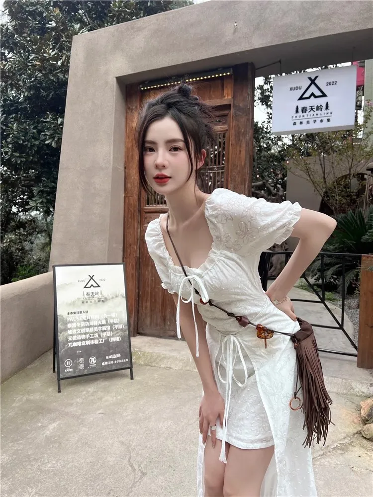 Y2K Long Dresses for Women Puff Sleeve Lace-up A-line Off Shoulder Club Party Dress Summer New Korean Chic One Piece Vestido