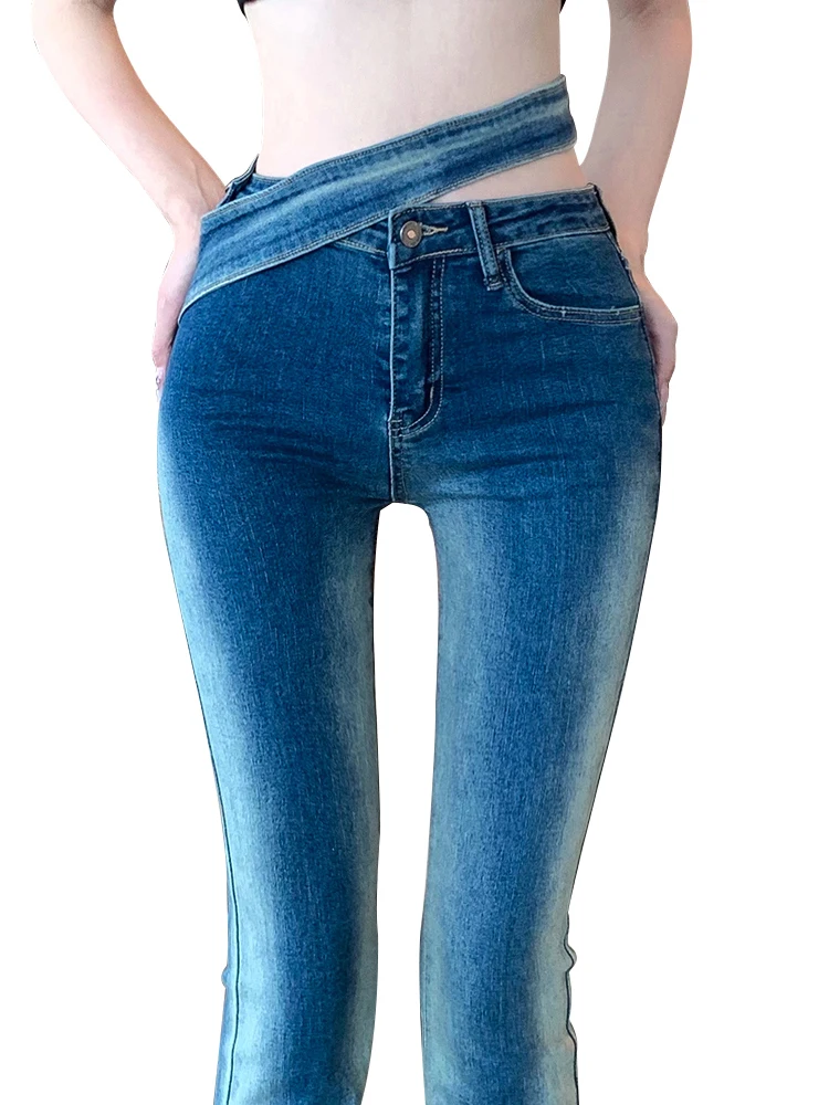 Women Gradient Color Flared Jeans Black Irregular High Waist Slim Fit Push Up Trousers Denim Pant Blue Vintage Elegant Mom Jeans luxvisage тушь perfect color push up effect