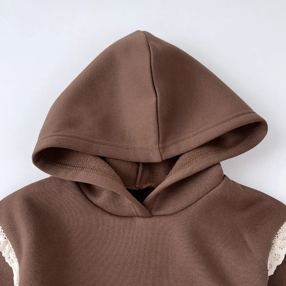 Khaki Autumn Sport & Leisure Girls' Lace Long Sleeve Hoodie + Pants Set