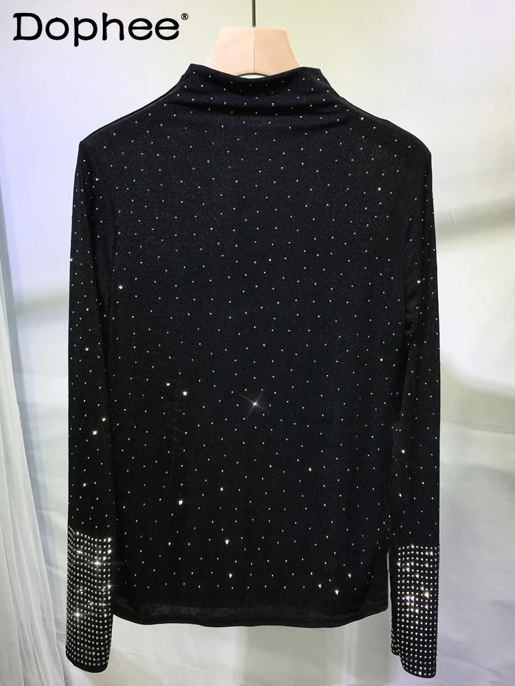 

Heavy Industry Starry Rhinestone Long-Sleeve Bottoming Shirt Women Inner Outer Wear T-shirt Slim Fit Black Tshirt Autumn Clothes