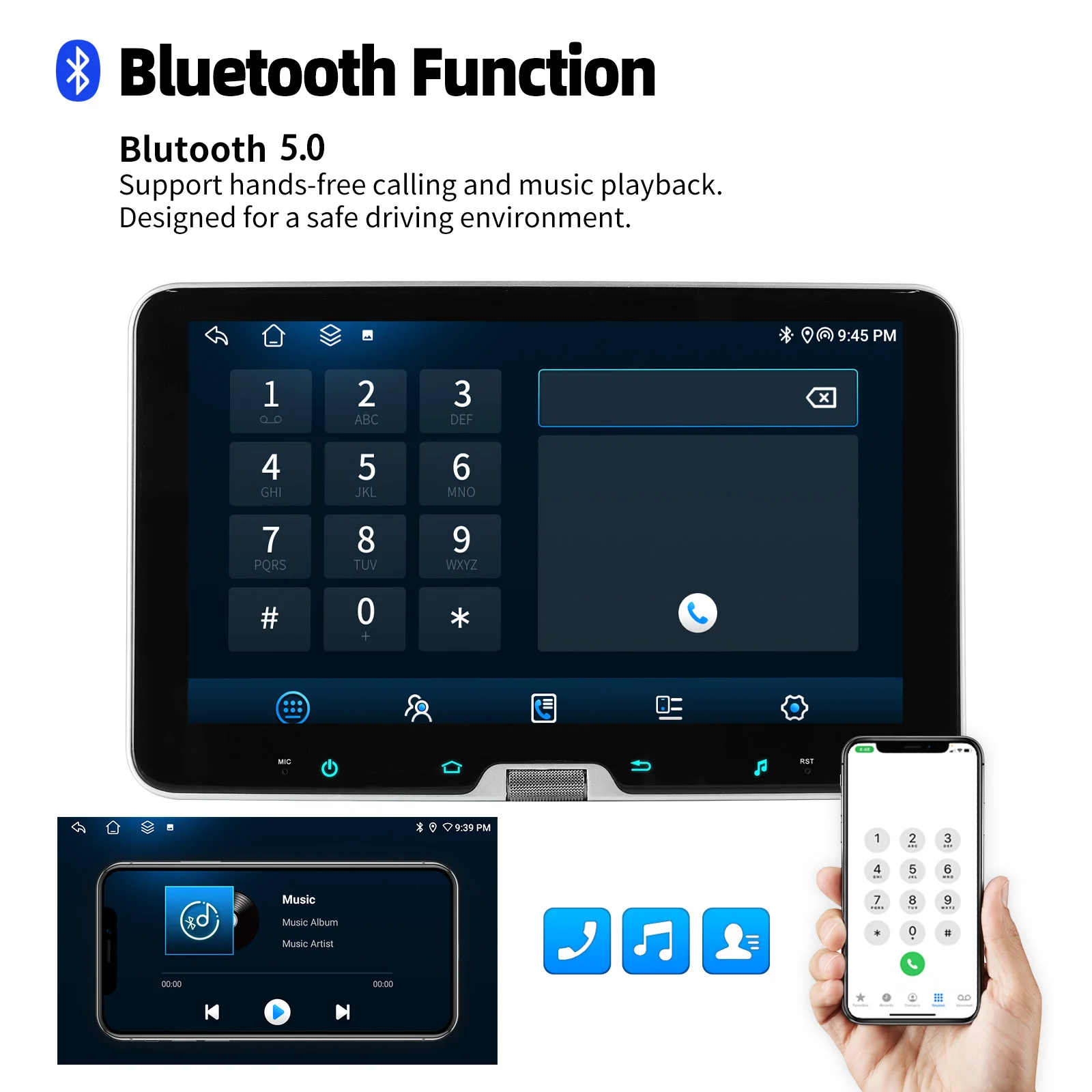ESSGOO Autoradio Android 15 10.1" 4+64 GB / 6+128 GB Wireless CarPlay Drehbarer Bildschirm 360° GPS Navigation FM RDS Bluetooth WiFi Scrollen Mikrofon Mirror Link Lenkradsteuerung Android Auto Touchscreen AUX – Detail 13
