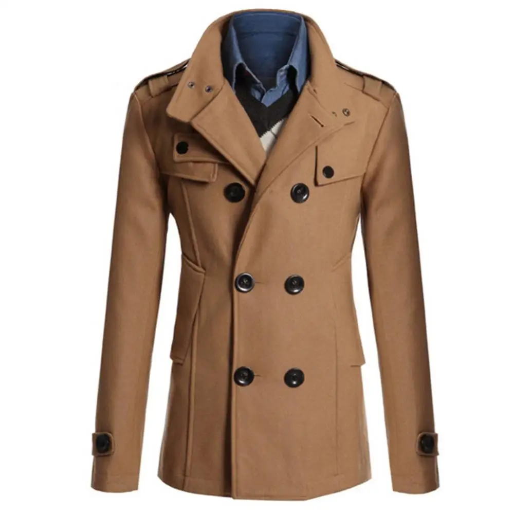 Slim Men Double-breasted Pockets Coat Long Sleeve Woolen Autumn Lapel Ele-choices M-3XL Autumn&Winter Collar Trench for Daily Wo