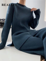 REALEFT Autumn Winter 2 Pieces Women's Sets Knitted Tracksuit Half Turtleneck Sweater and Wide Leg Jogging Pants Outfit Suits