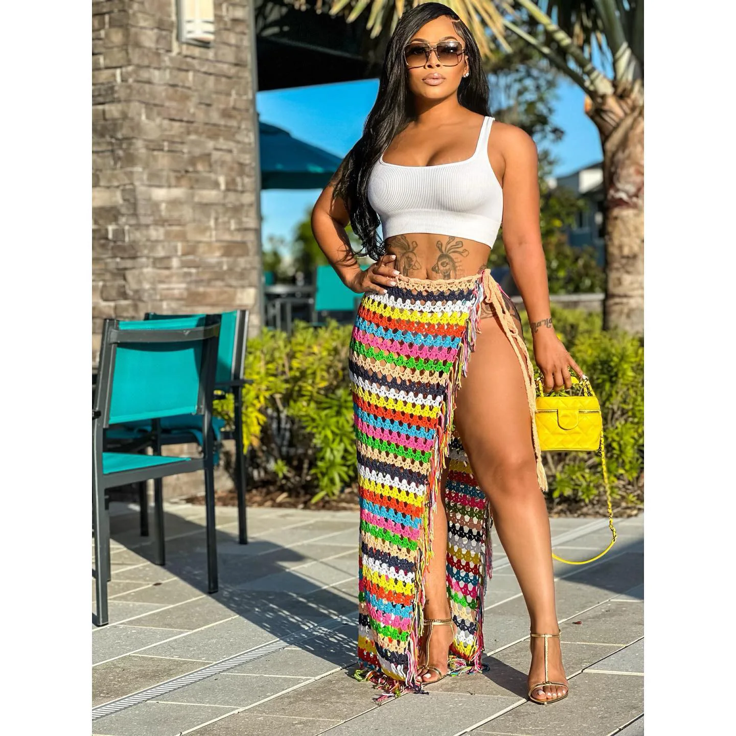 Women'S Sexy Hand-Crocheted Fringe Lace-Up Casual Beach Skirt Elegant Long Maxi Wrap High Slit Split Skirt Beach Wear