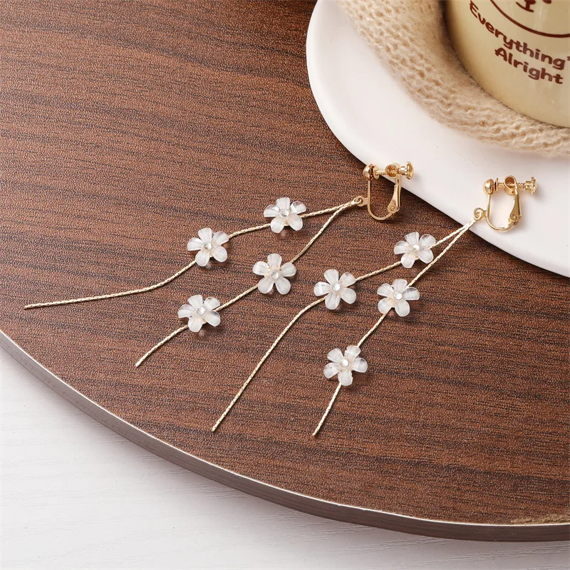 Long Tassel Petal Ear Clips Earrings No Hole Simple Long Flower Clip on Earrings Without Piercing for Wedding ear clip earrings clip earrings ear clip ear accessories