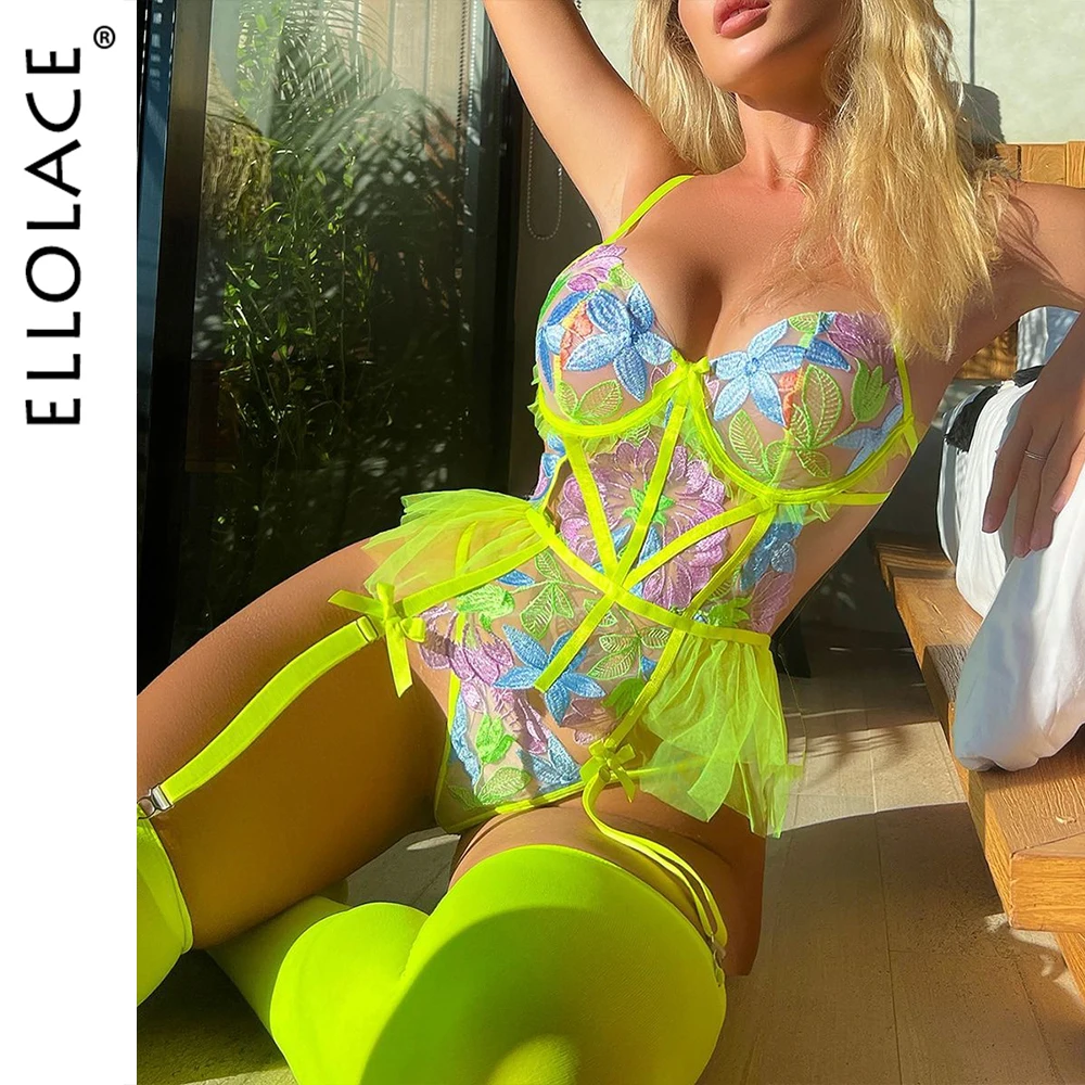

Ellolace Luxury Lace Bodysuit With Stocking Neon Green Floral Body Ruffle Garter Festival Outfit Sexy Top Tight Fitting Babydoll
