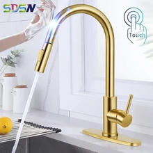 Touch Kitchen Faucet with Pull Out Sprayer,Stainless Steel Hot Cold Kitchen Sink Mixer Tap,brushed Gold Touch on Kitchen Faucets