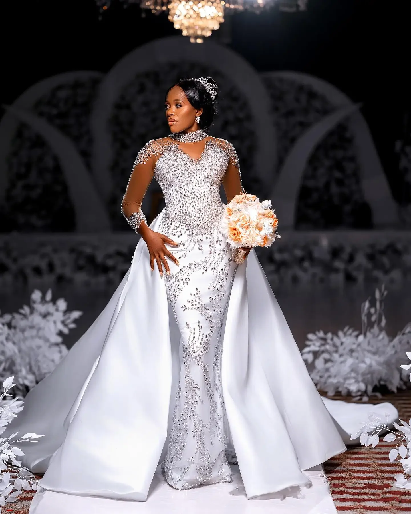 Customized Spark Heavy Crystals Beads Mermaid Wedding Dress with Removable Satin Skirt Full Sleeves Button Back Bridal Gown Robe 2