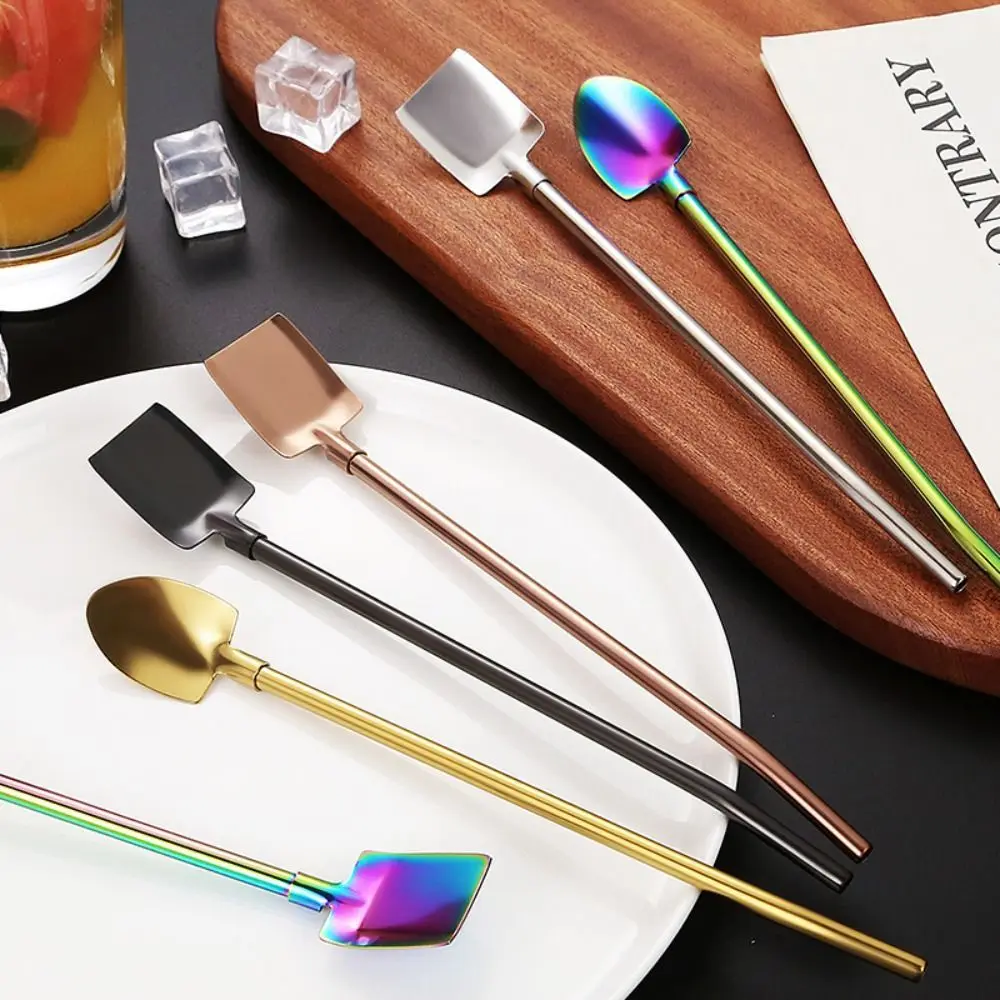 2 in 1 Straw Spoon Stainless Steel Pointed Square Shovel Bar Ice Scoop Cocktail Coffee Stirring Spoon Reusable Hot Proof Straw