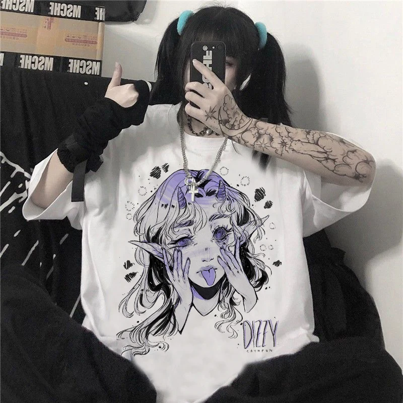 Cartoon Sweet Girls Oversized T Shirt Women Japanese Streetwear Harajuku Gothic Kawaii Casual Tops Loose New Summer T-Shirt |