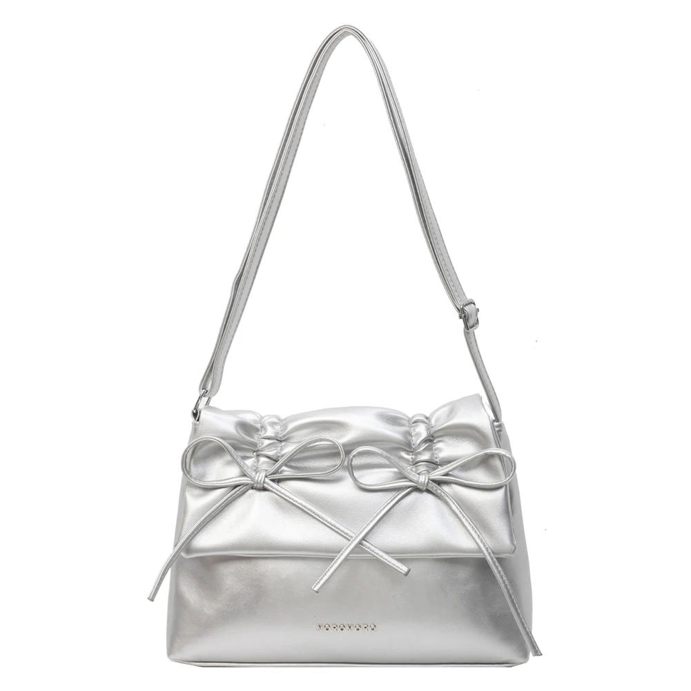 Women Bowknot Pu Shoulder Bag Casual Handbag With Flap Cover Large Capacity Bag Fashion for Daily Office Use Solid Color Handbag