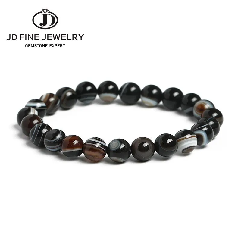 JD 7A Natürliche Mit Augen Schwarz Achat Armband 6 8 10 12 14MM Pick Größe Schmuck Natürliche Schwarze Streifen achate Stein Perlen Armband