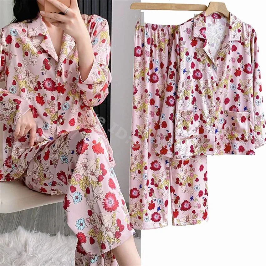 

Женский Атласный пижамный костюм с принтом розовых роз, рубашка с длинным рукавом и брюки, домашняя одежда из 2 предметов, Женская свободная Ночная сорочка