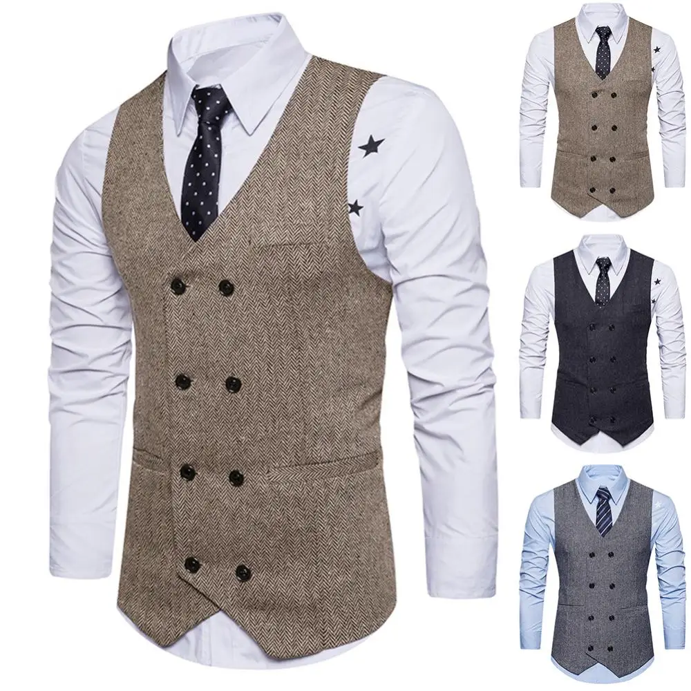 Men Suit Vest Solid Color Double Breasted Waistcoat Slim Fit Formal Sleeveless Plus Size 2XL