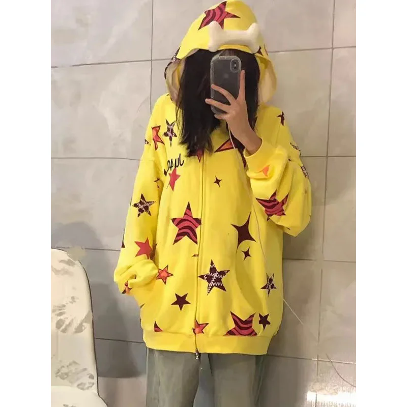

Женский кардиган на молнии с капюшоном, Желтый Повседневный тонкий кардиган в стиле Харадзюку с принтом звёзд, в стиле ретро, Y2K, весна-осень
