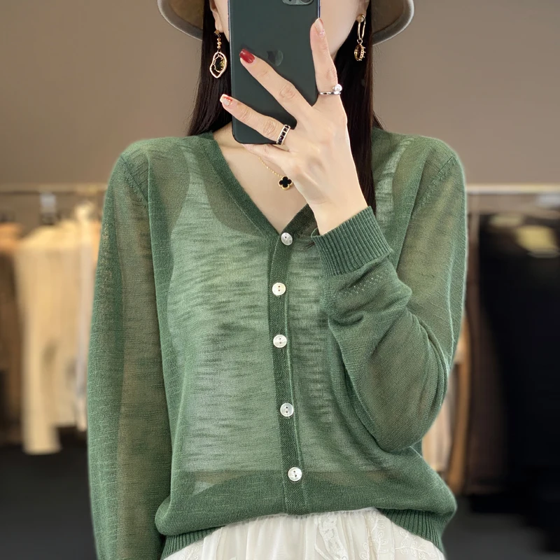 여성용 자외선 차단 아이스 실크 가디건, V넥 긴팔, 루즈한 니트 탑, 단색 투명 가디건, 에어컨 셔츠, 여름