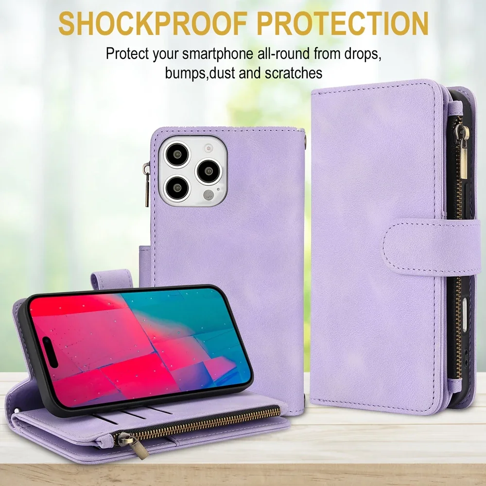 Leather Wallet Phone Case with Wrist Strap and Zipper Purse