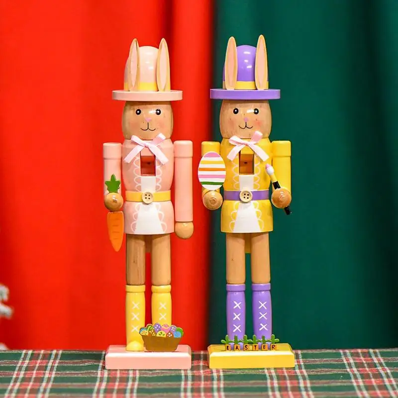 Desk Bunny Nutcracker Statue 12-Inch Wooden Statue Bunny Nutcracker Figure Tabletop Centerpiece Spring Seasonal Decoration