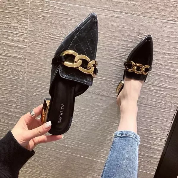 

Shoes Fashion Chain Mules for Women Square Head Slip on Flip Flops Women Slipper Summer Sandal Women's Shoe Solid Slide