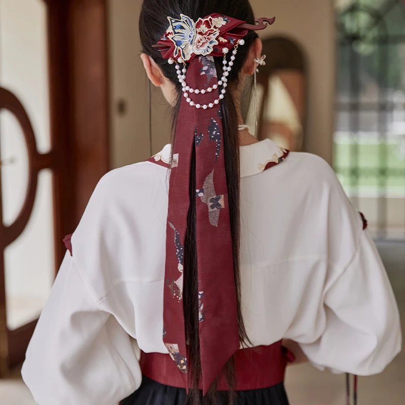 

New Chinese Style Print Hairband Wine Red Pearl Embroidery Headband Traditional Ancient Hairpin Folk Dance Accessories DQL7457