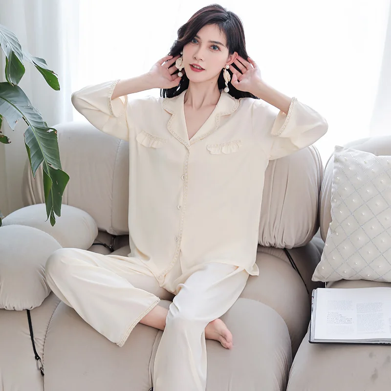 

Sexy Lace Trim Nine Points Sleeve Shirt Pants Satin Pajamas Set Spring Women Casual Sleep Loose Soft Sleepwear Nightwear
