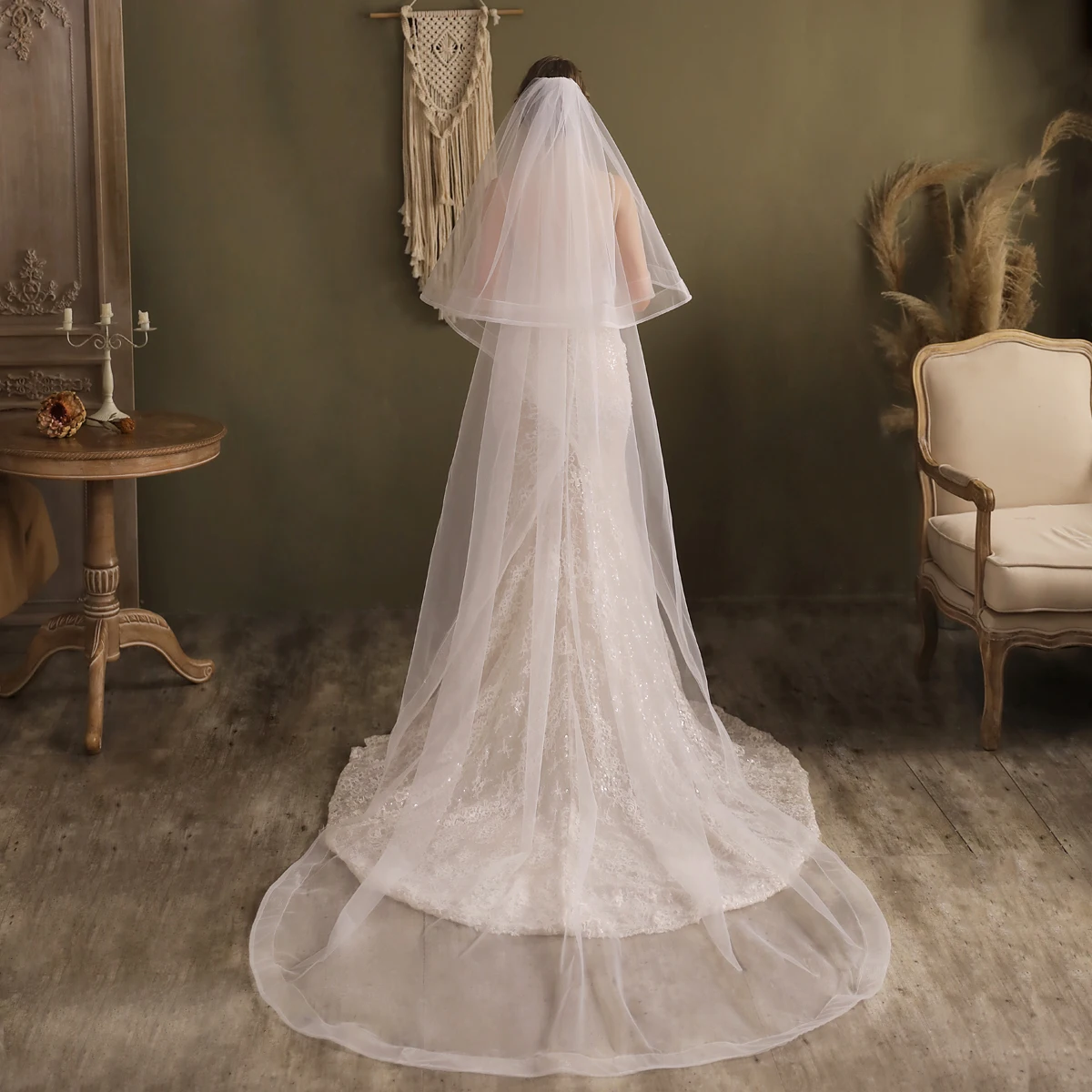 

V832 Elegant Chapel Wedding Bridal Veil Two-Layer Soft Tulle Pencil Edge Long Floor Train Marriage Bride Veil