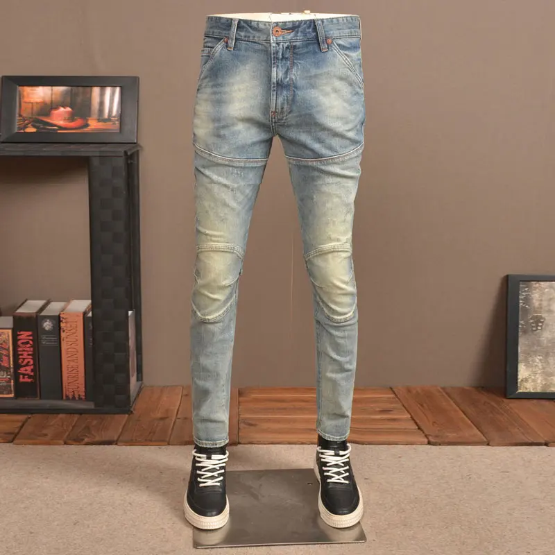 High Street Fashion Men Jeans Retro Washed Blue Elastic Slim Fit Spliced Biker Jeans Homme Vintage Designer Hip Hop Denim Pants high street stars letter embroidery denim pants mens and womens washed retro straight jeans hip hop casual trousers